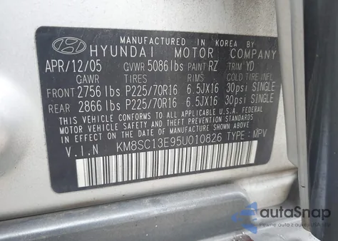 2005 Hyundai Santa Fe Gls/Lx z USA, uszkodzony, nr VIN KM8SC13E95U010826